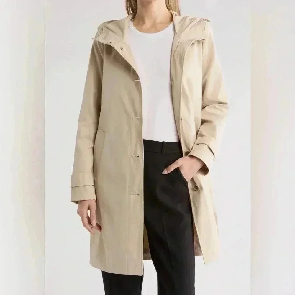 Calvin Klein Classic Water Resistant Hooded Button Down A Line Trench Rain Coat